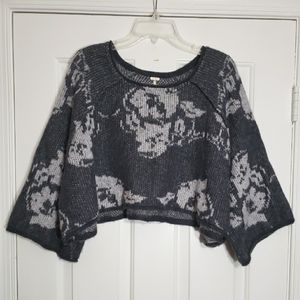 Free People Cropped Gray Rose Sweater Alpaca Wool Blend Women's Medium